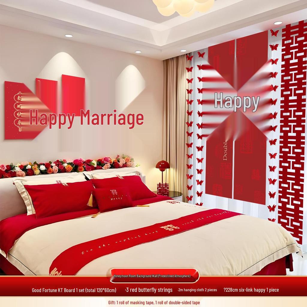 Wedding Room Décor Set: Bride & Groom Bedside Background with Pull Flowers & Double Happiness KT Board