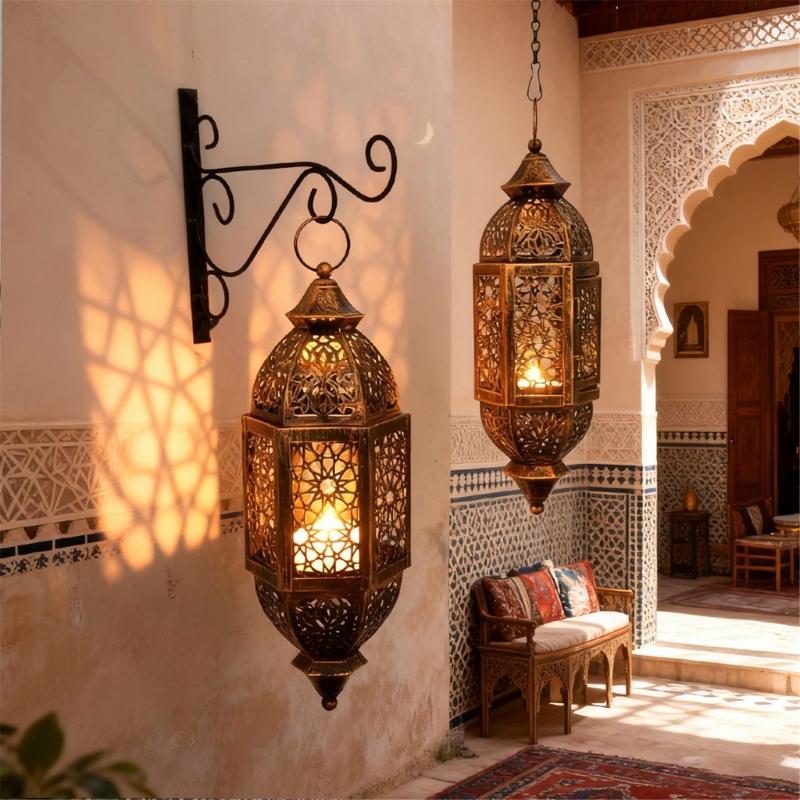 Portacandele in Ferro Battuto Marocchini Lanterna con Design Traforato da Appendere Decorazioni Regalo per Eid Ramadans