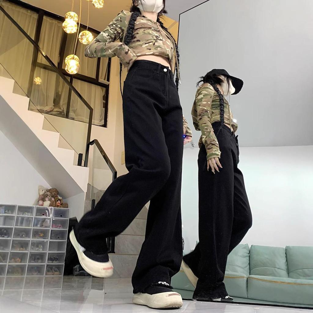 Women's Plus Size Black High-Waist Wide-Leg Jeans - Loose Drapey Straight Leg, Floor-Length, Spring/Autumn 2025 Fashion.