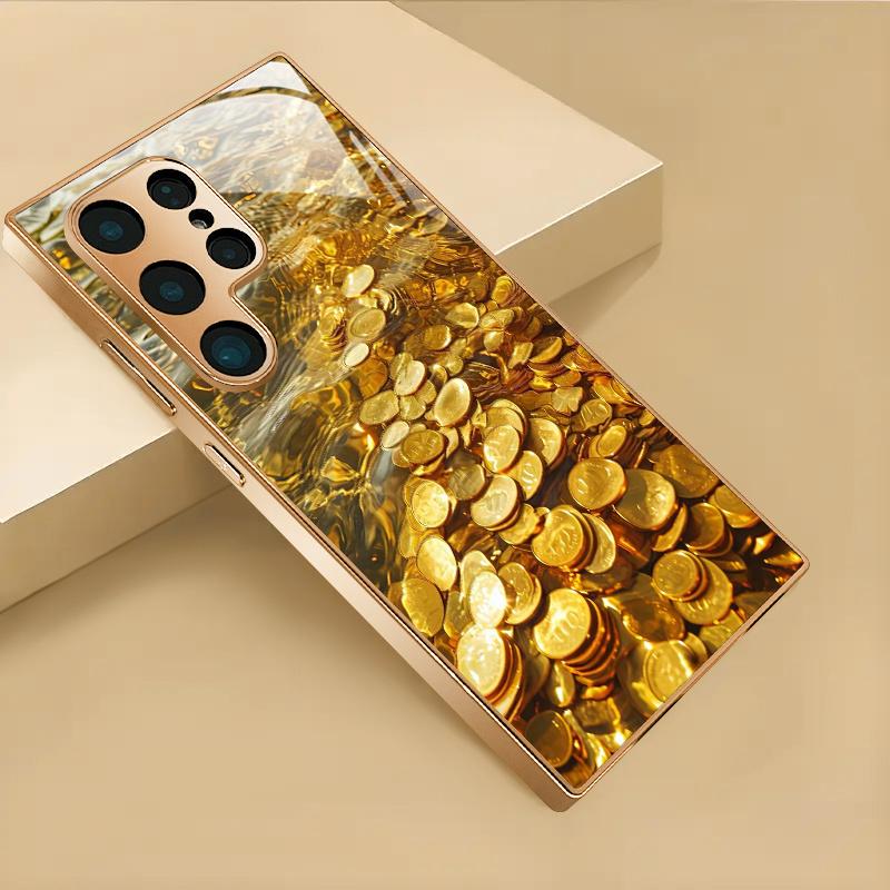 Gold-plated tempered glass phone case, compatible Galaxy S26 S25 S24 S23 S22 Ultra Plus. Adorned with elegant gold coin pattern
