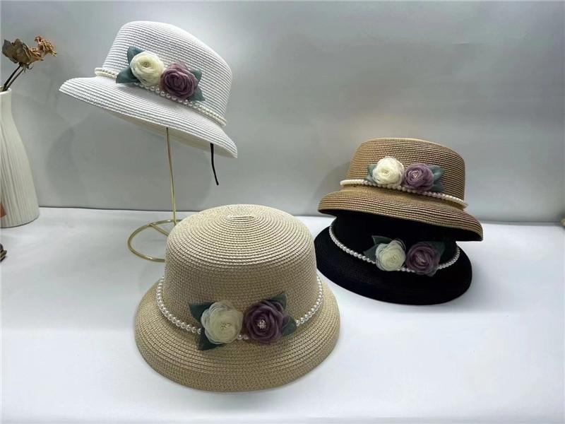 Chic Ins Sommergress Hepburn Elegant Liten Brem Organza Rose Perlekjede Dame Bøttehatt Kvinner Fiskerhatt