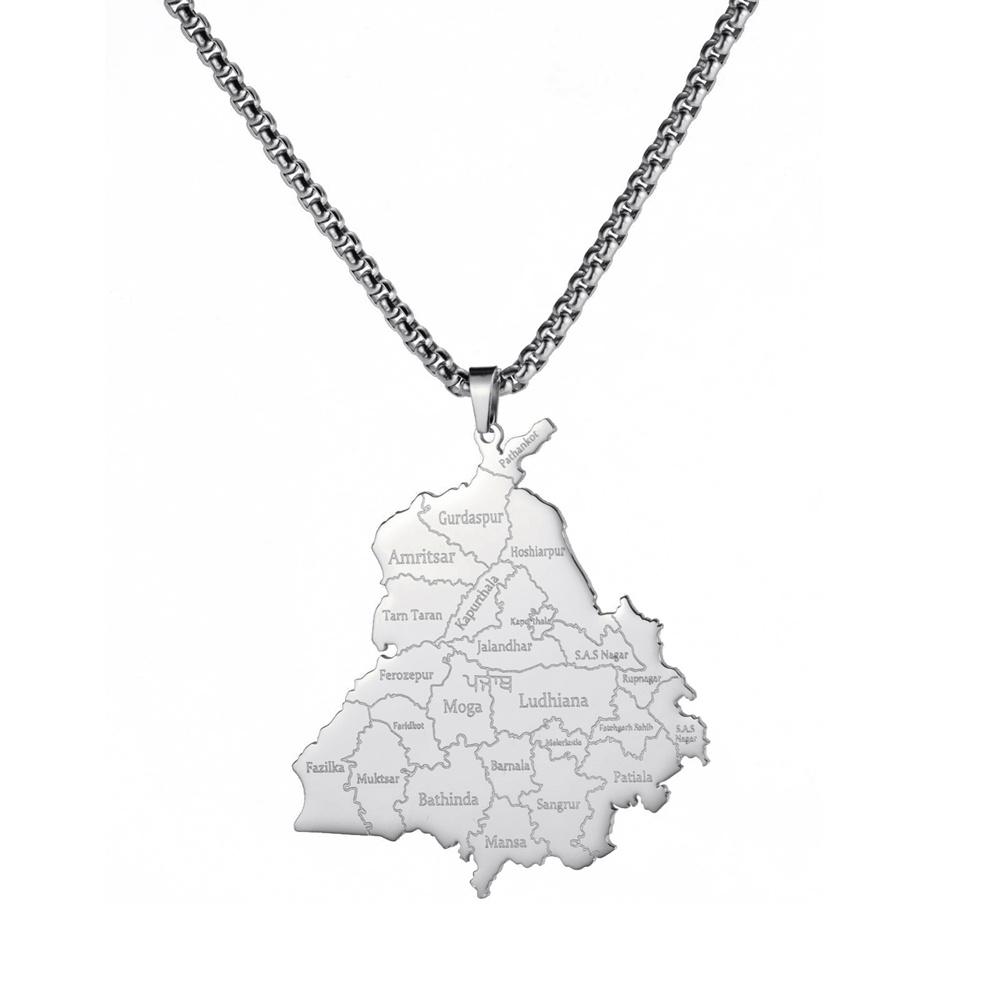  India Punjab State Map Pendant Necklace for Man Stainless Steel Box Chain Geography Country Necklaces Ethnic Jewelry