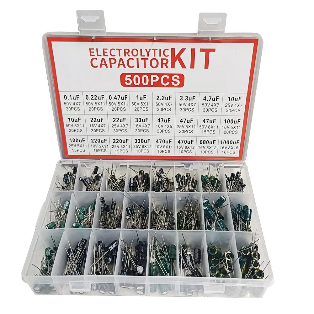 500Pcs 24 Values 16-50V 0.1-1000uF Electrolytic Capacitor Assortment Kit Metal Electrolytic Capacitors Low Voltage Capacitor Kit