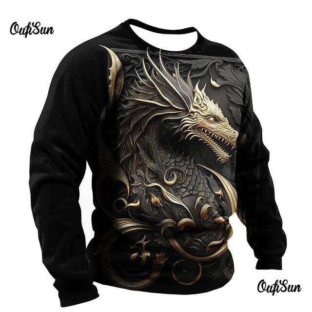 3d Men's Dragon Print T-Shirt Long Sleeve Man Oversized Tee Tops Casual O-Neck Pullover Animal Pattern Male Tshirt Clothes
