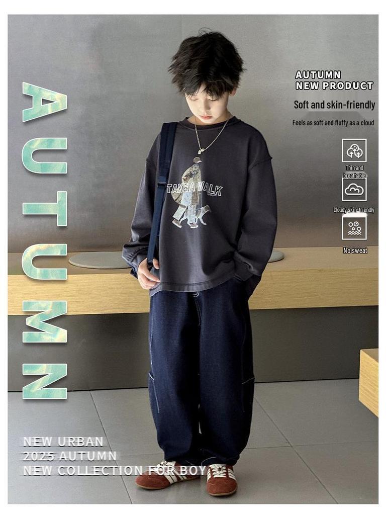 2025 Chłopięce Jesienne Jeansy w Koreańskim Stylu o Luźnym Kroju z Prostą Nogawką