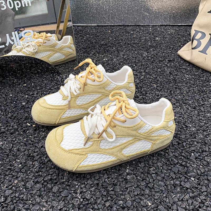 Korean version of color matching mesh splicing German training shoes 2025 summer height increase medium heel leisure sports style lace-up single s