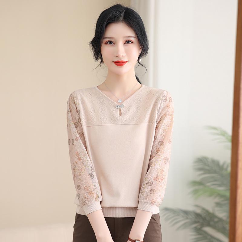Spring Gauze Sleeve Knit Top for Middle-Aged Women