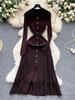 French Retro Turn-down Collar Long Sleeved Metal Buckle Dress for Women's Autumn Slimming Waist Knit Long Dresses