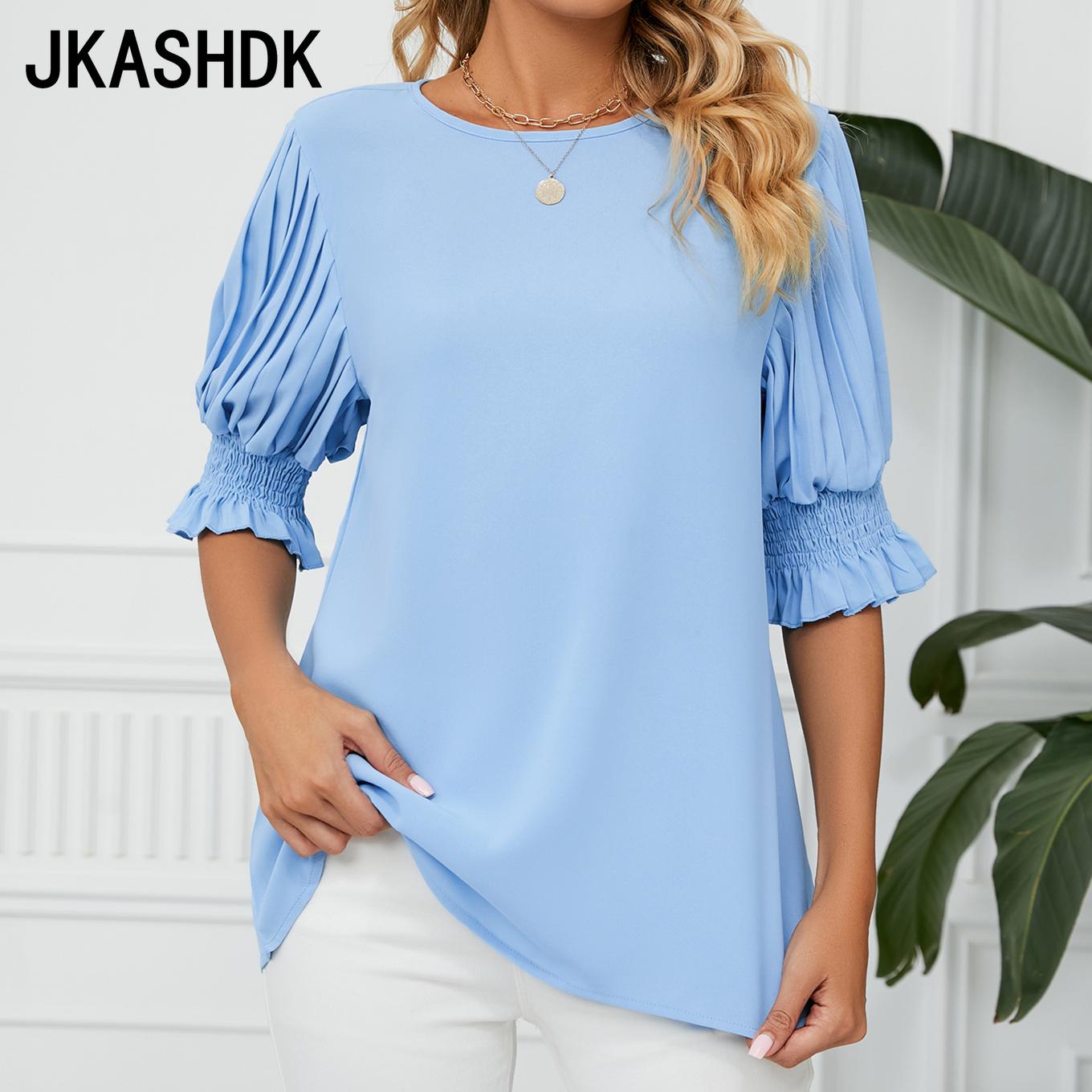 

JKASHDK Женские модные повседневные летние весенние однотонные блузки и рубашки с круглым вырезом и рукавами 1/2 с принтом