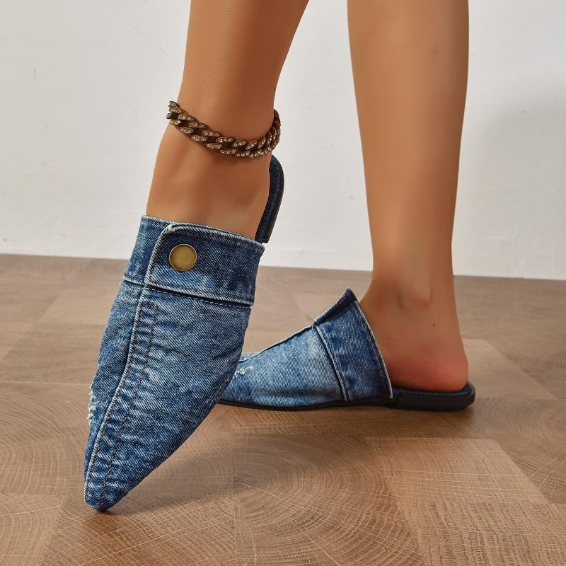 Women’s Pointed-Toe Denim Closed-Toe Slip-On Sandals, Summer Casual Wear, Wide Size