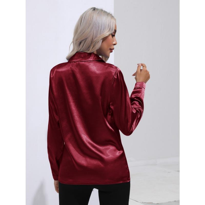 Cămașă de damă de primăvară și toamnă, de culoare uni, cu rever Temperament Commuter, cu mânecă lungă