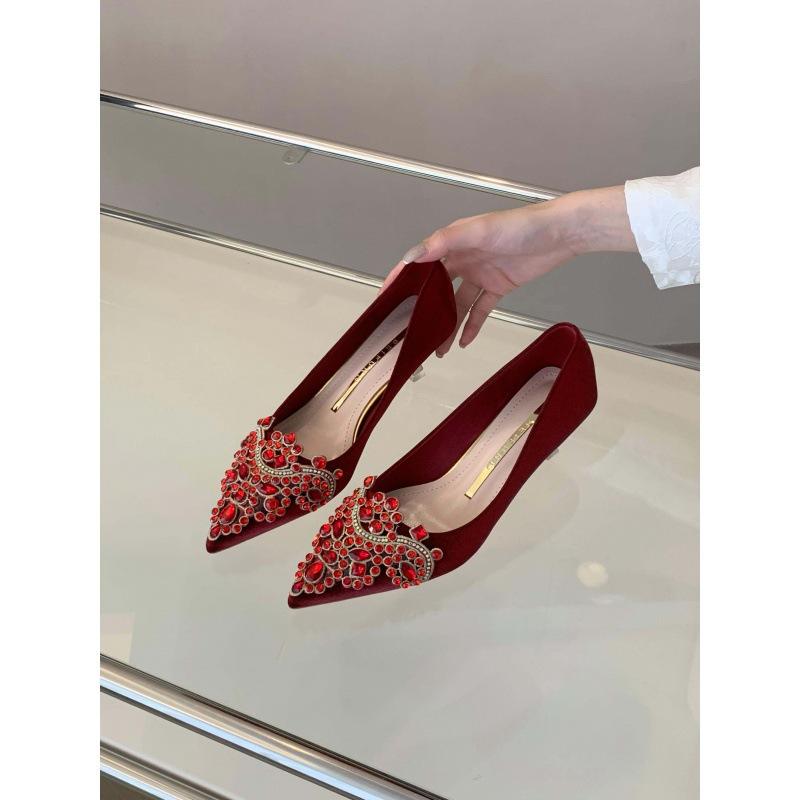

Bridal shoes wedding shoes Xiuhe rhinestone French burgundy pointed high heels 2025 new shallow temperament single shoes women 39 красный