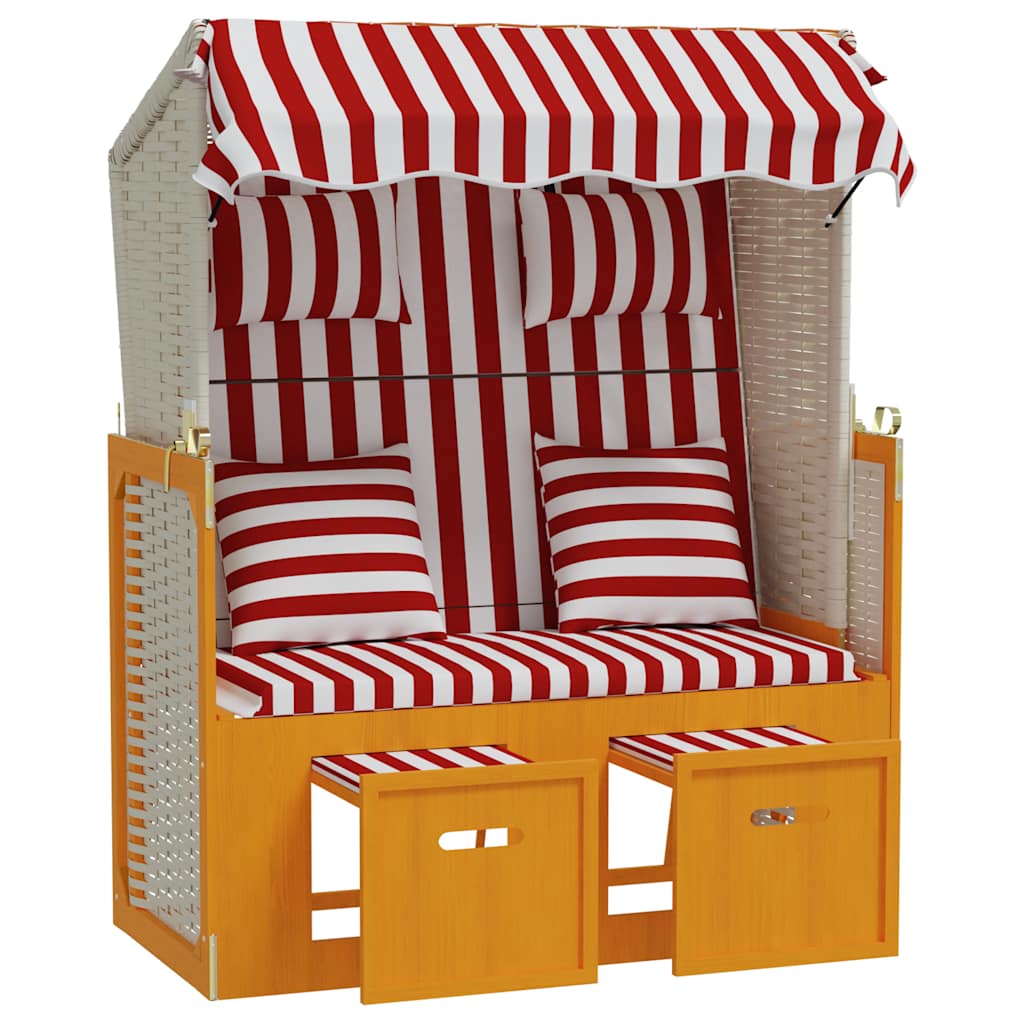 Strandkorb mit Kissen Poly-Rattan und Massivholz Rot & Weiß