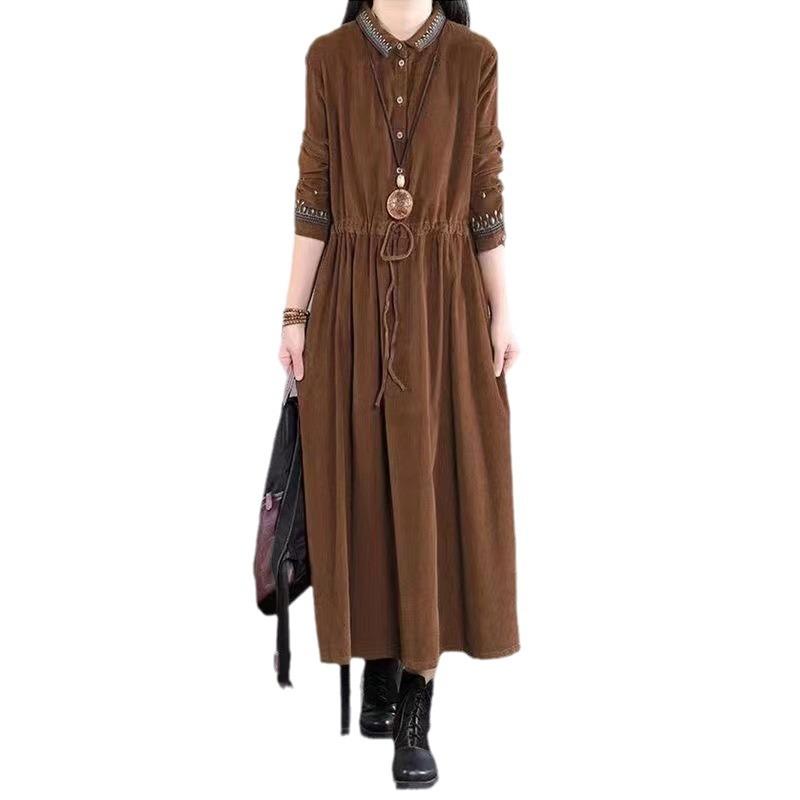2025 autumn clothing new a-shaped single-breasted embroidered dress women's loose and thin lapel long-sleeved temperament long dress