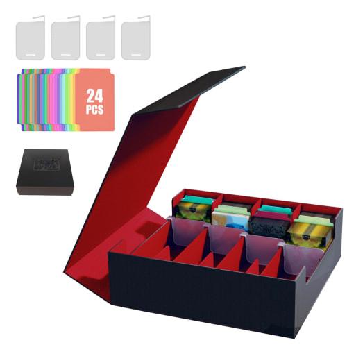 HCSH&WILL Deck Case, Trading Card Case, PU Leather, Holds 3000+ Trading Cards, Large Capacity, 4 Compartments, 24 Divider Labels (Black with Red Inter