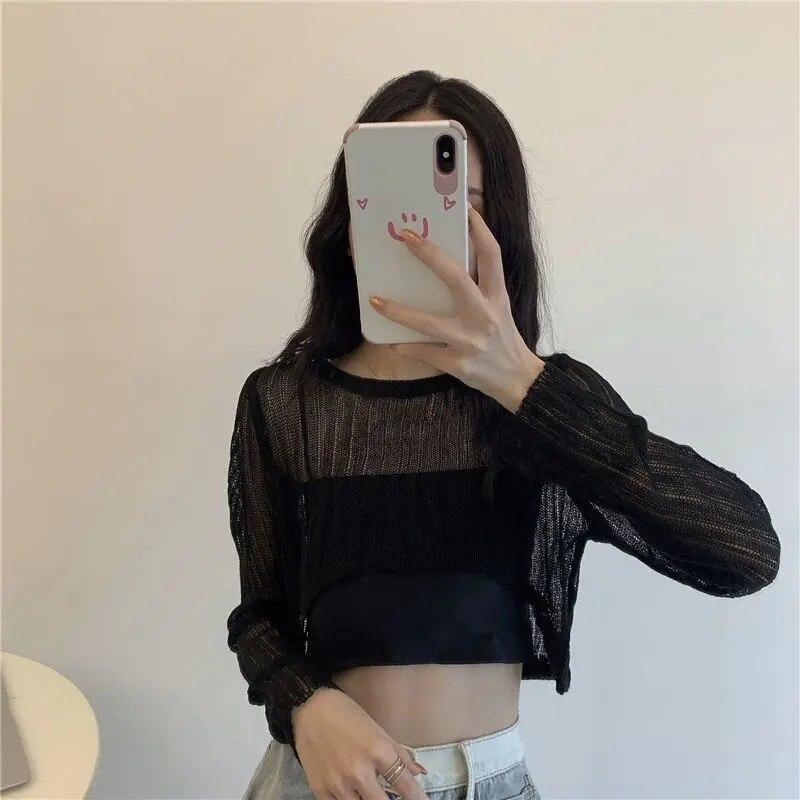 Long Sleeved Hollow Knit Sunscreen Blouse Slim Thin Pullover Women's Crop Top Simple Casual Commuting Spring Summer
