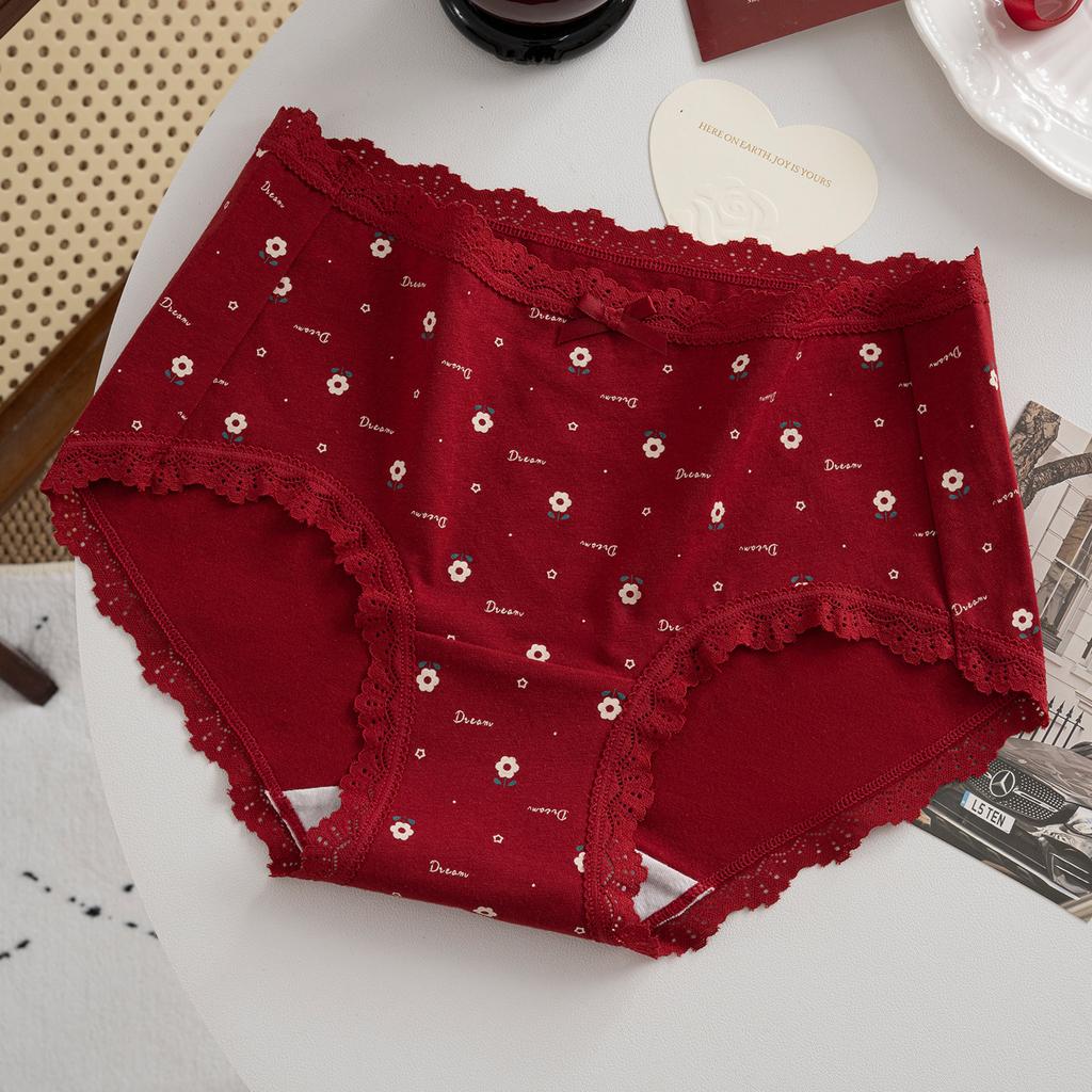 Plus Size Lady Spring and Summer Wedding Celebration Red Lace Cotton Extended Middle Waist Triangle Briefs