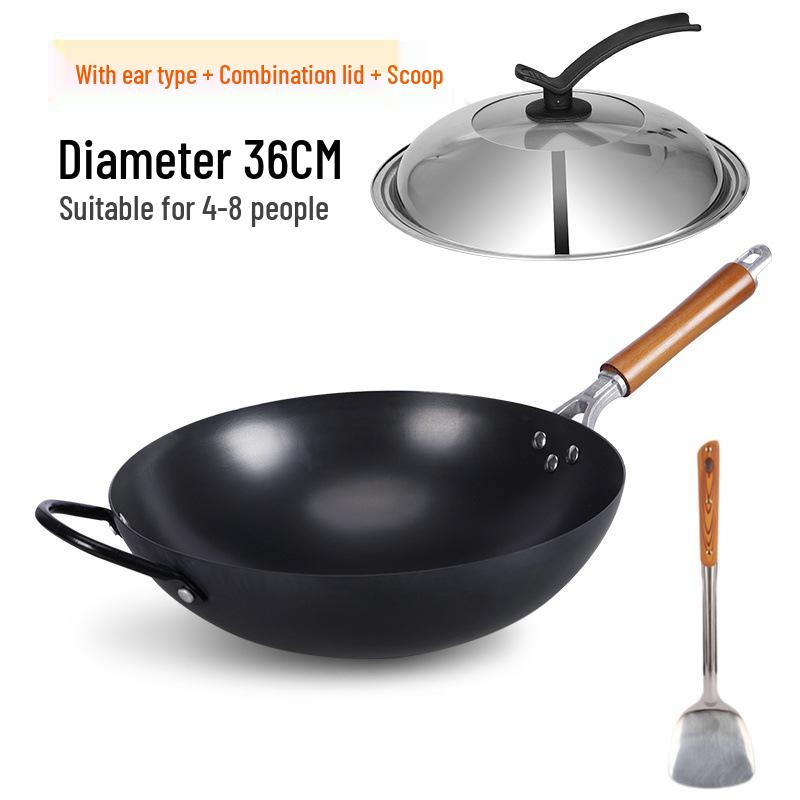 Old-Fashioned Non-Coated Cast Iron Wok, Round Bottom, Non-Slip, Non-Stick, Gas Stove Compatible, Nitrided Fine Iron.