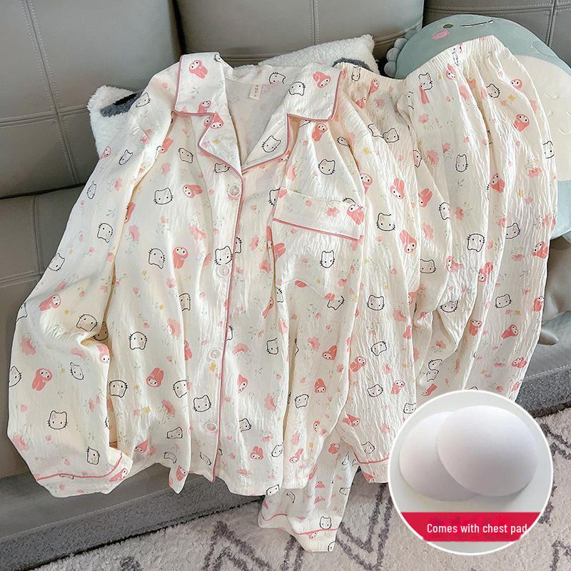 Women's Spring/Autumn Pajama Set: Thin Cloud Cotton with Chest Pads, Long-Sleeved Cardigan, Sweet and Cute Homewear.