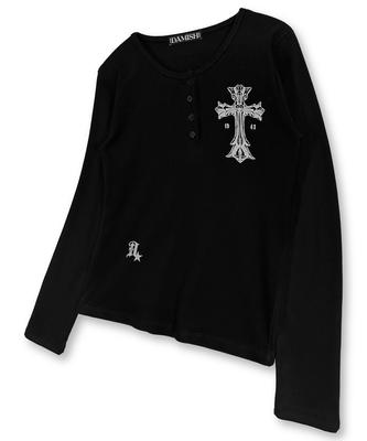 Damiswi Gothic Cross Henley Neck Long Sleeve_Black