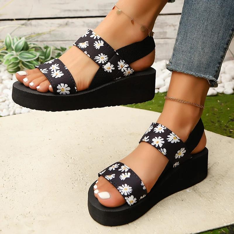 Women's Leopard Print Wedge Sandals Fashion Elastic Cloth Platform Sandals Woman Summer 2025 Lightweight Thick Sole Beach Shoes