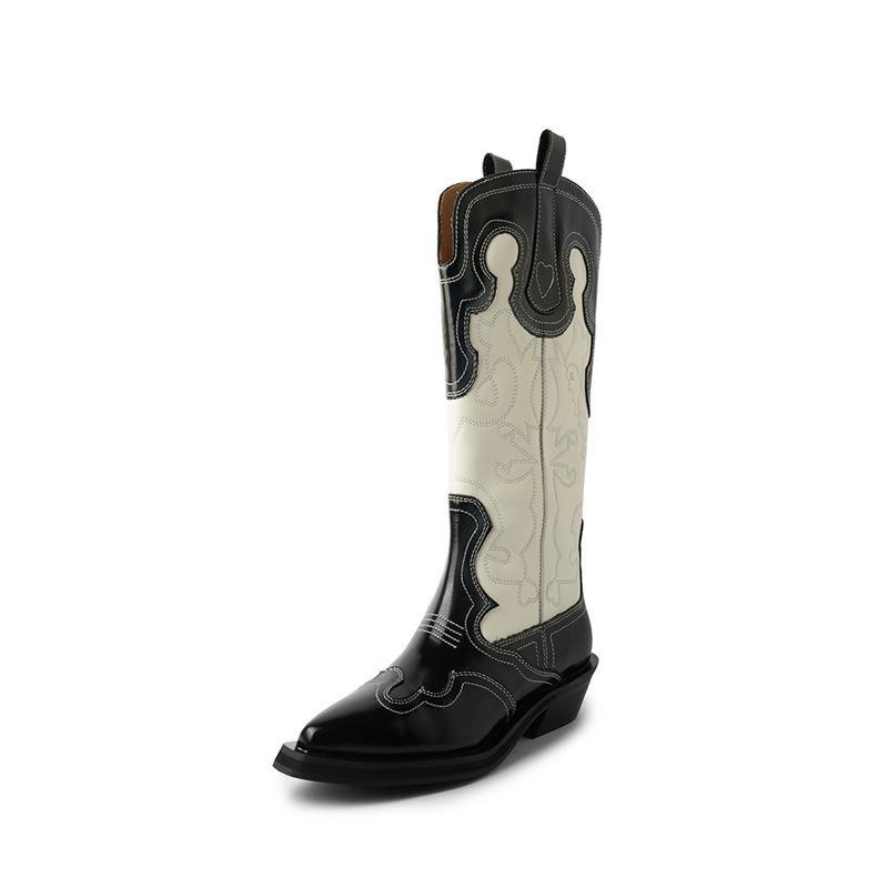 French Black & White V-Neck Embroidered Cowboy Boots, Mi Jie Style, Medium-High Tube, European & American Women's Short Boots