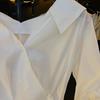 Female Spring and Summer Unique V-Neck Slant Button Short Sleeve Shirt Pressure Pleat Waist Slim Commuter Top