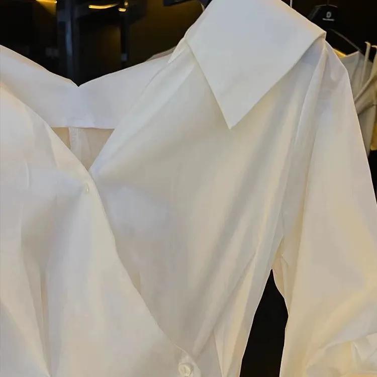 Female Spring and Summer Unique V-Neck Slant Button Short Sleeve Shirt Pressure Pleat Waist Slim Commuter Top