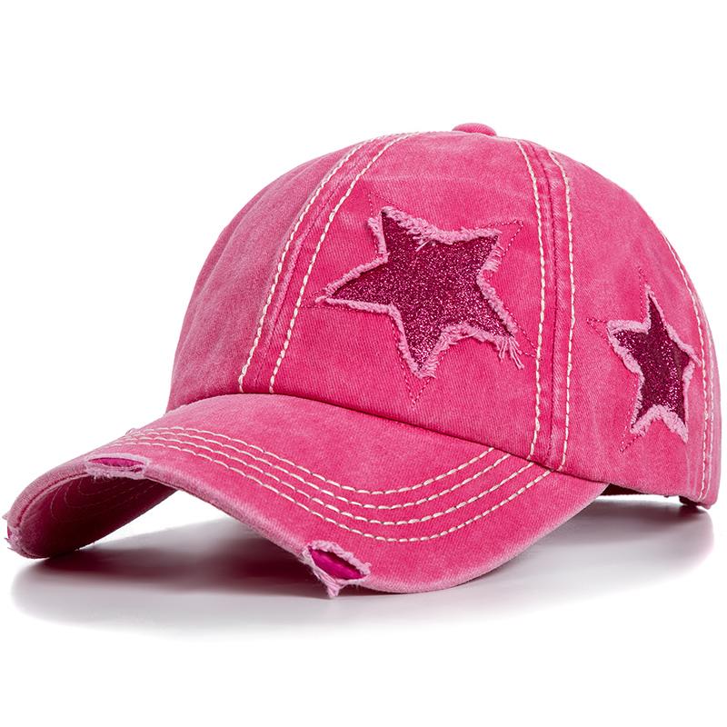 New Fashion Women Ponytail Cap Sequins 5-Point Star Hole Design Baseball Cap Female Washed Cotton Streetwear Hats