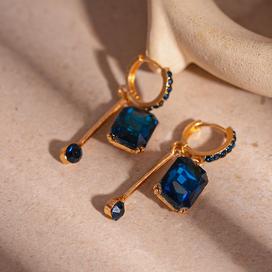 Retro Blue Diamond-Studded Geometric Ear Cuff Earrings - French Luxury & High-End Style for Women