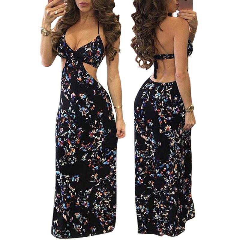Damen Sexy Schwarzes Floral Maxikleid Mit Cut-Out Design Perfekt Für Boho Strandurlaube