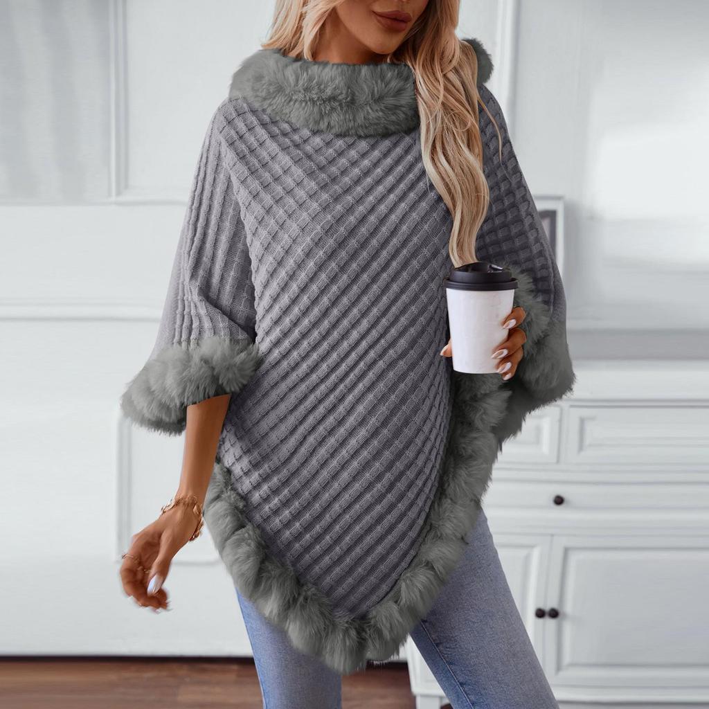 Women's Solid Color Wool Collar Pullover Sweater Thick Vintage Plaid Knitted Cloak Shawl For Party