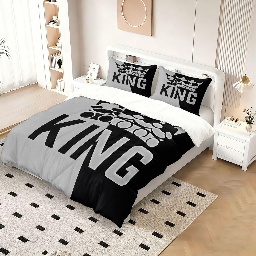 King Crown Print Duvet Cover Set(1 Duvet Cover & 1/2 Pillowcase) Minimalist Black and Gray Bedding Set for Modern Bedroom Decor