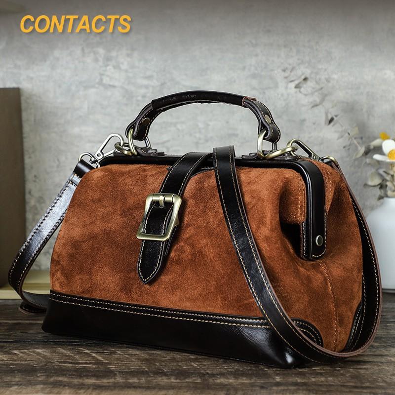 High Silk Shiny Cow Anti Fur Iron Hinge Women's Handbag Dual-use Doctor's Bag Genuine Leather Crossbody