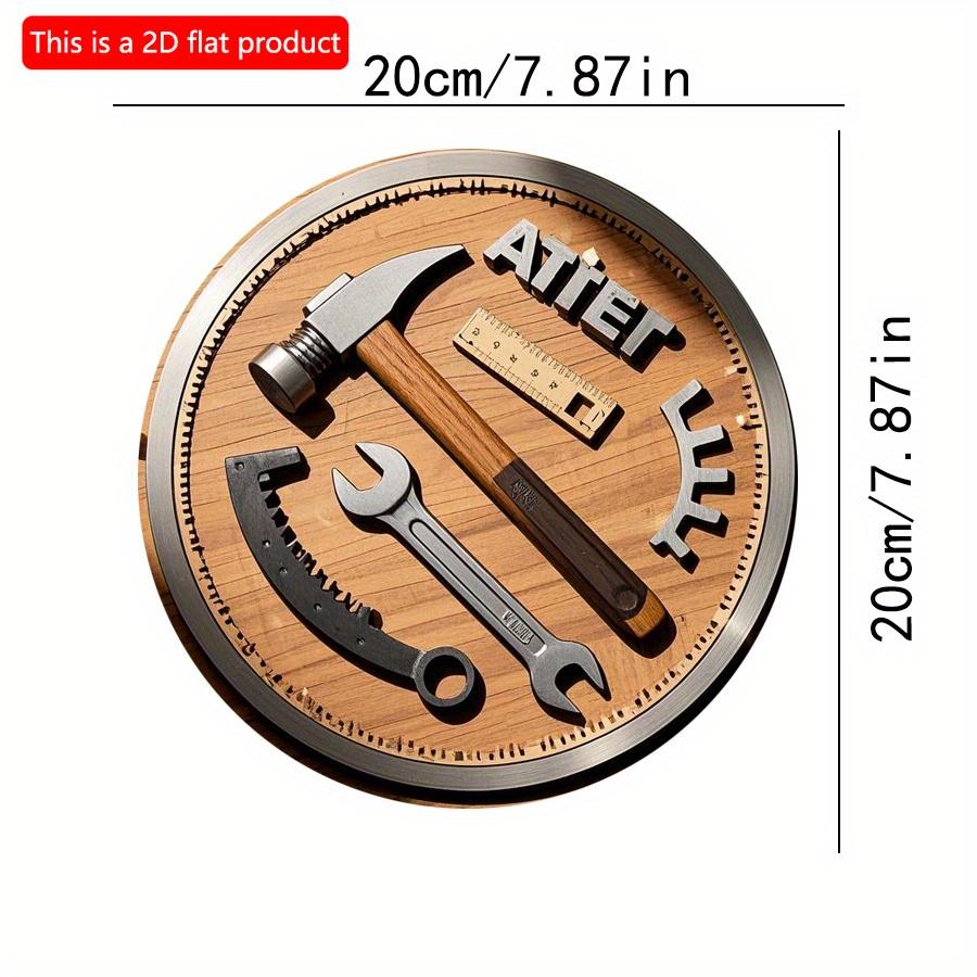 2D Flat 20cm 1pc Dad Father's Day Carpenter tool elements Round Wooden Wall Hanging Decor present, Hammer wrench ruler and Gear pattern Wooden Pendant