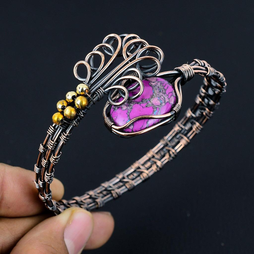 Purple Turquoise Bangle, 999 Copper Wire Wrapped Gemstone Jewelry, Handmade Bangle For Mother Day