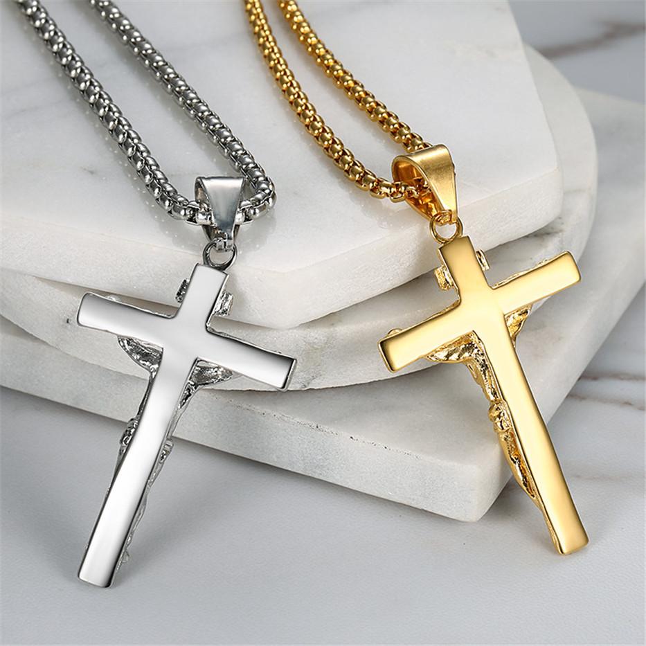 Religious Christ Jesus Cross Pendant Gold Silver Color Stainless Steel Christian Crucifix Necklace for Men Women Jewelry Gift