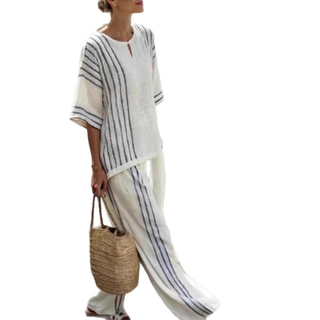 2025 European & American Women's Striped Linen Cotton 2-Piece Set: Round Neck Short Sleeve Top and Casual Pants.