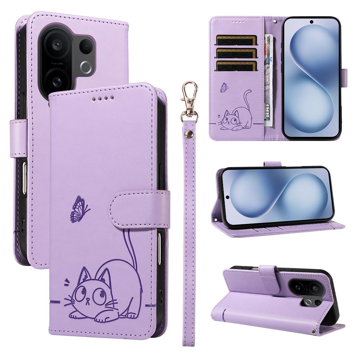 

For vivo X200 FE 5G/vivo S30 Pro mini 5G Case Cat Pattern Imprint Leather Phone Cover with Wrist Strap F