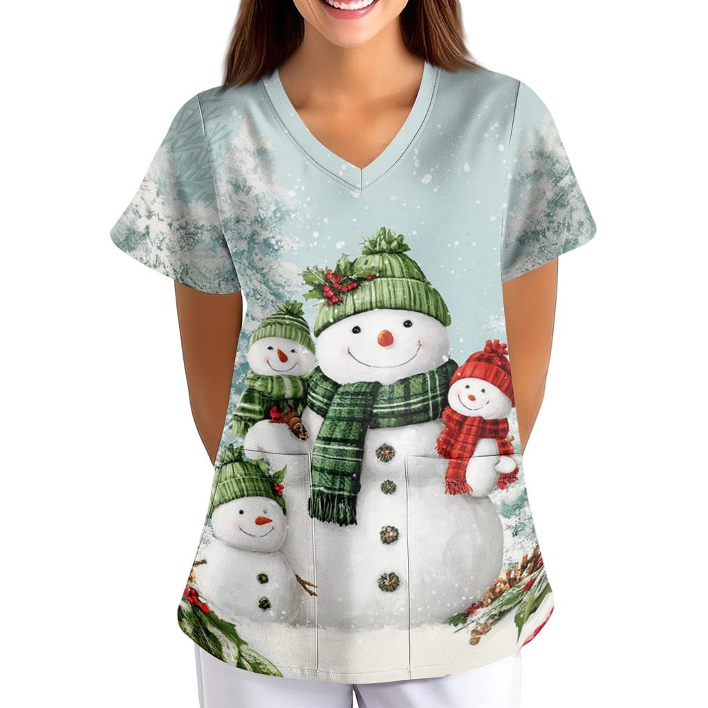 Women's Christmas Print Loose Fit V-Neck Short Sleeve Scrub Top with Pockets for Work
