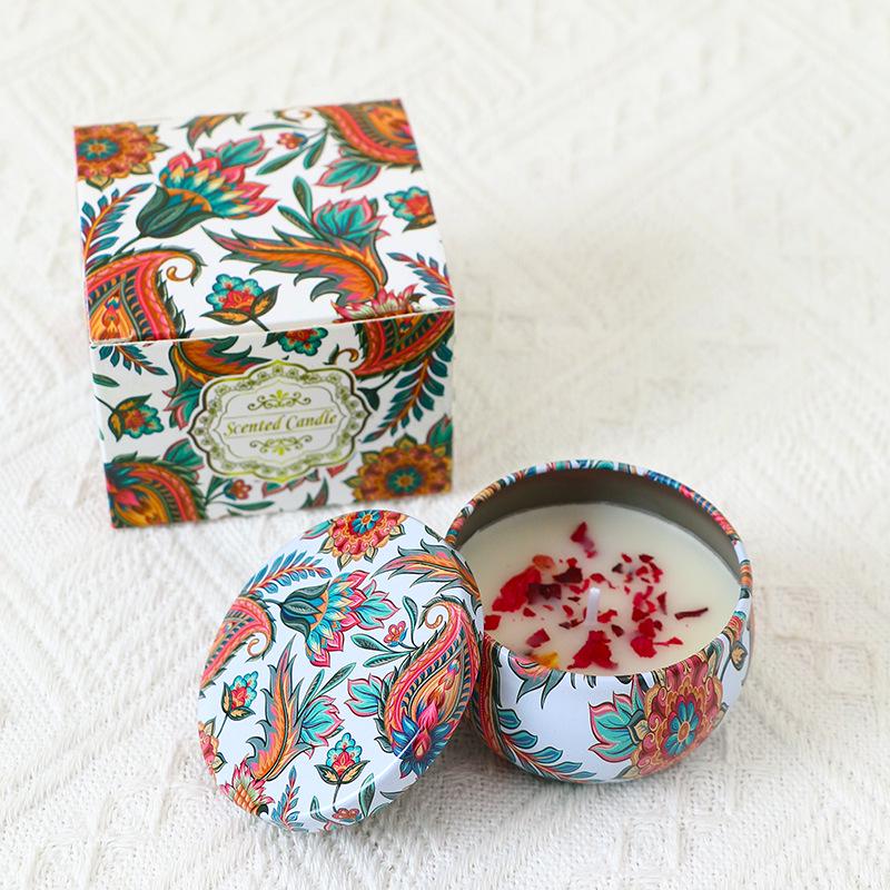 Ethnic Style Dried Flower Soy Wax Aromatherapy Candle Gift Set - Smokeless Tin Cans