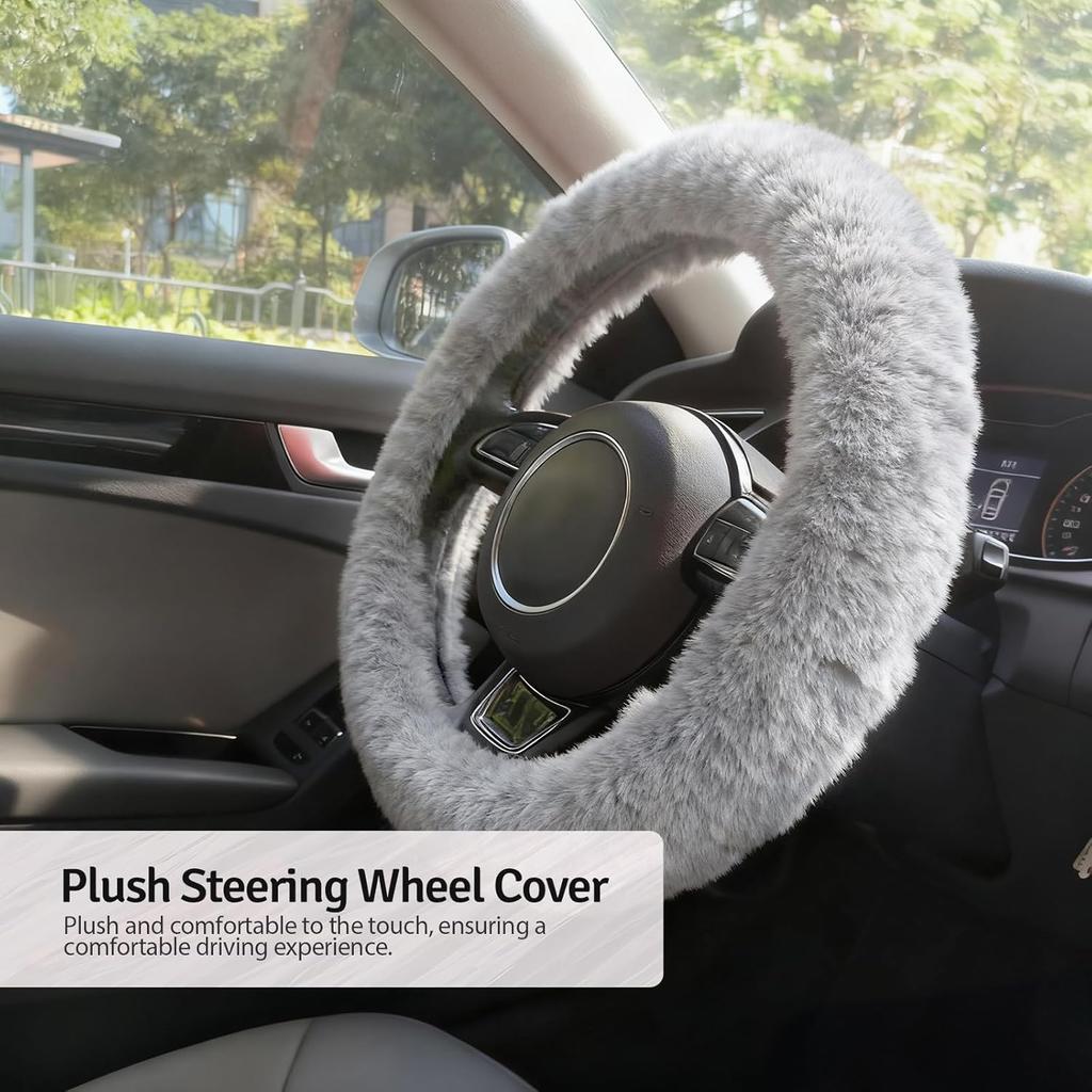 Fluffy Steering Wheel Cover 3PCS Set – Plush Fuzzy Fur Steering Wheel Cover with Gear Shift Cover & Handbrake Cover, Winter Warm Car Accessories,