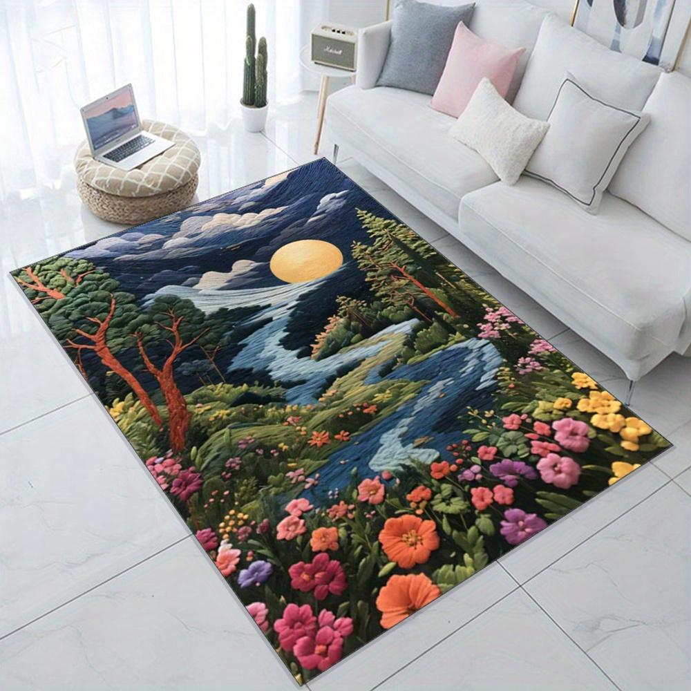 Floral Landscape Polyester Area Rug - Streams & Flowers Design, Antiskid Crystal Velvet Carpet, Comfortable General-Purpose Floo