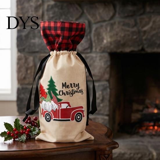 Christmas Party Table Decorations Wine Gift Bag, Reusable Burlap Bottle Cover with Drawstring, Plaid Bags Xmas Tree Gnome Truck Print Sleeves