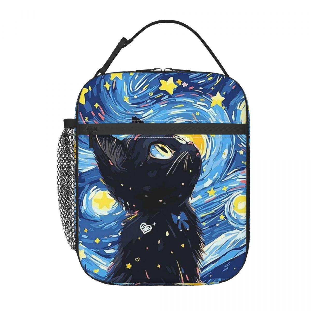 

Black Cat Looking Up At The Starry Sky Print Insulated Lunch Bag for Women Kids Leakproof Food Boxes Thermal Lunch Box Tote One Size
