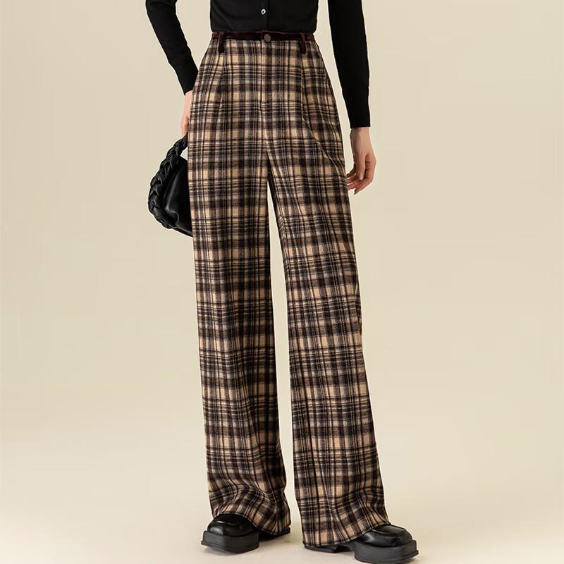 Fanzhen Women's Autumn/Winter Retro Plaid Wide-Leg Woolen Trousers