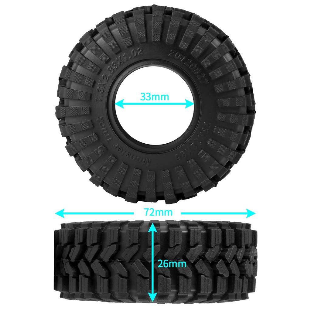 RCMAZO 4-Piece 1.3" Wheel Tires, RC 1.3 Soft Rubber Wheel Tires, 7226mm, for Upgraded TRX4M, SCX24, 118, 124 RC Crawler Cars, Terrain Tires (D)