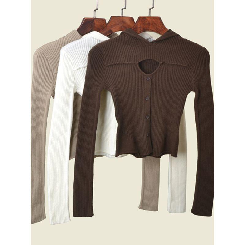 American Sexy Short Tops Solid Color High-Elastic Silm Cut Out Long Sleeves Hooded Knitting Bottoming Shirt