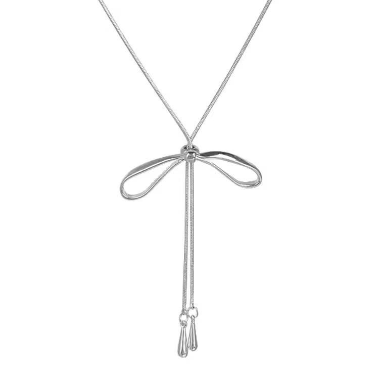Silver Bow Pull-Out Necklace Women'S Simple Cold Style Long Accessories Sweater Chain Collarbone Chain
