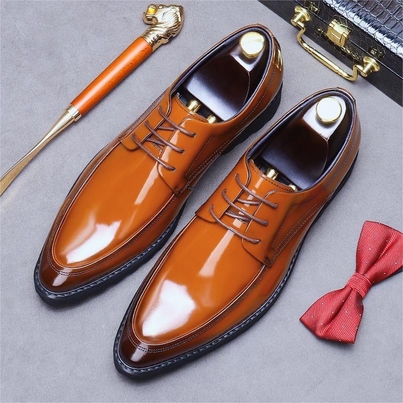 Leather Shoes Men's Genuine Leather Soft Leather Business Dress Shoes Lace-up Platform Patent Leather Shoes